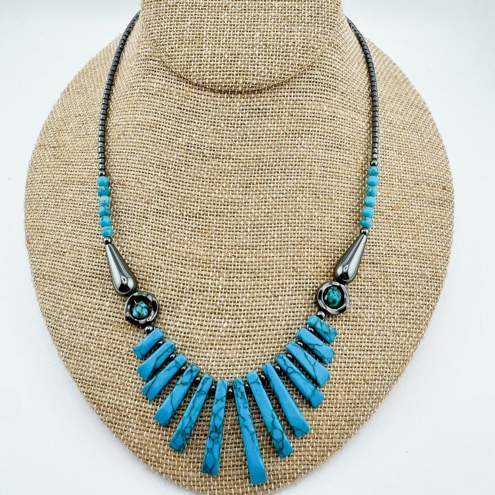 Vintage Turquoise Hematite Statement Necklace Sou… - image 2